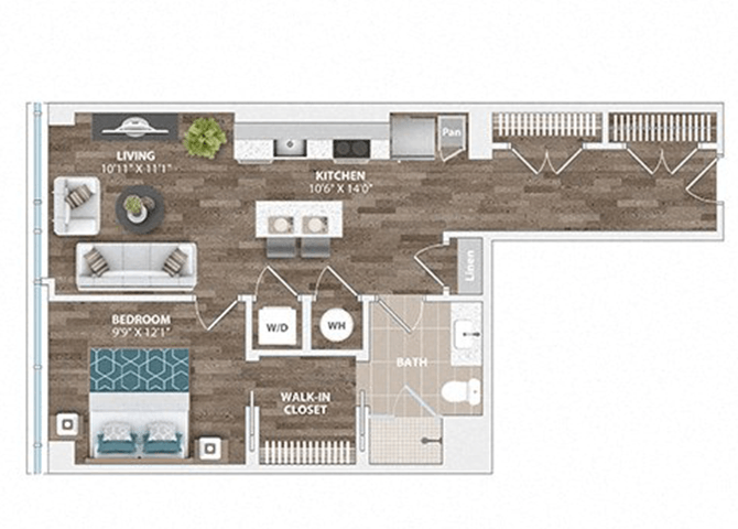 Floor plan for 1 bed, 1 bath, 704 sqft